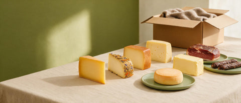 Tiroler Starterbox: fünf Käse, Sennbutter, Schinkenspeck und Kaminwurzen in einer Reihe auf beigem Leinen vor olivgrüner Wand, dahinter der offene Versandkarton mit Vlies