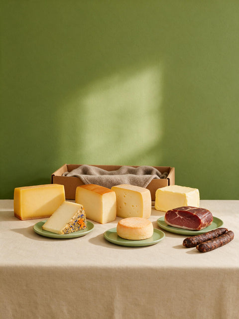 Tiroler Starterbox: fünf Käse, Sennbutter, Schinkenspeck und Kaminwurzen auf beigem Leinen vor olivgrüner Wand, dahinter der offene Versandkarton mit Vlies
